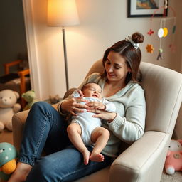 A warm and cozy scene featuring a parent sitting in a comfortable chair, gently holding their baby in their lap