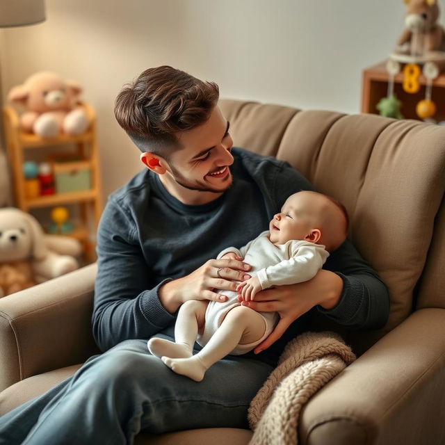 A warm and cozy scene featuring a parent sitting in a comfortable chair, gently holding their baby in their lap