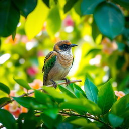 A beautiful perkutut bird perched gracefully on a branch of lush green foliage, showcasing its distinctive features with elegant plumage and a soft, melodious expression