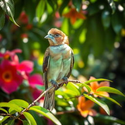 A beautiful perkutut bird perched gracefully on a branch of lush green foliage, showcasing its distinctive features with elegant plumage and a soft, melodious expression