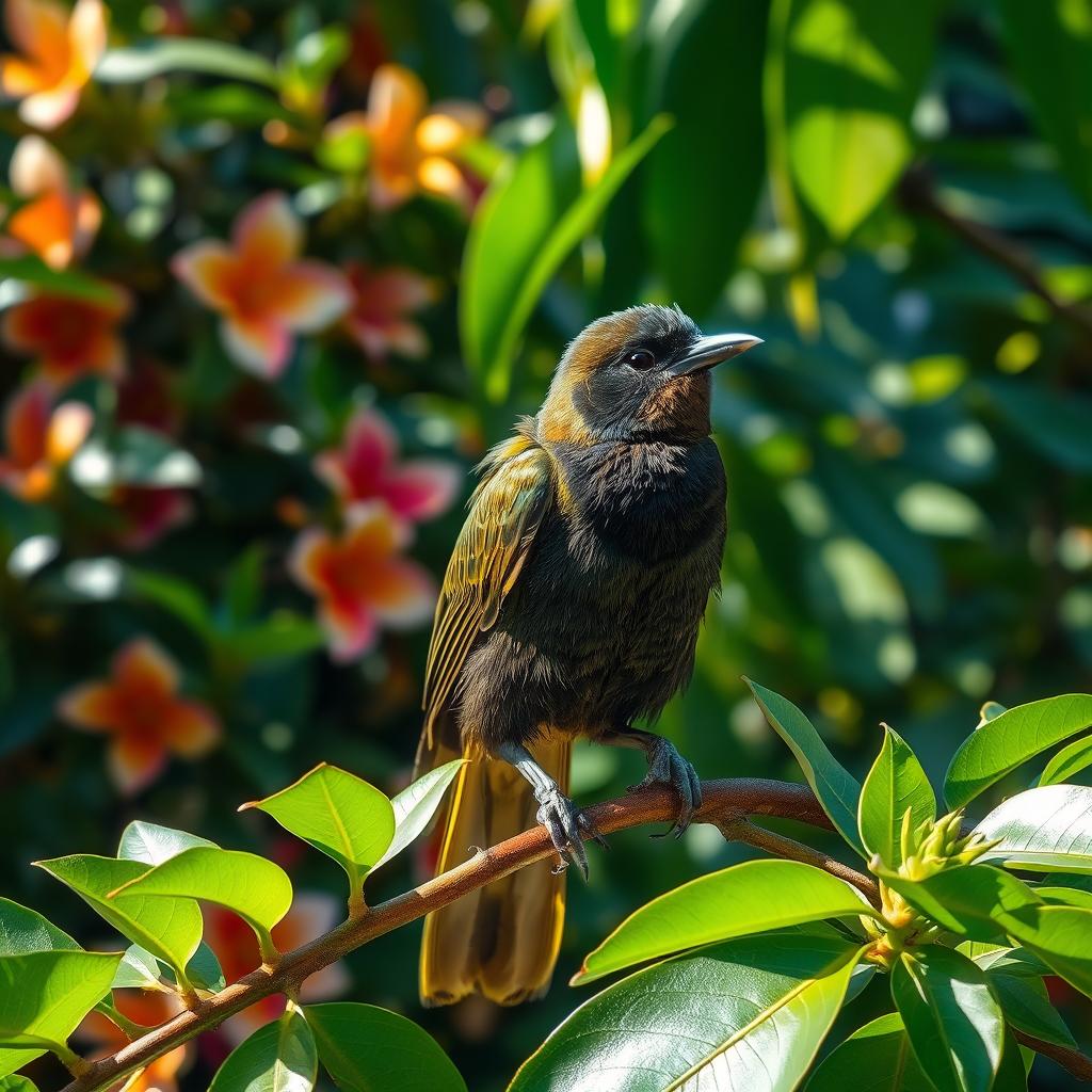 A beautiful perkutut bird perched gracefully on a branch of lush green foliage, showcasing its distinctive features with elegant plumage and a soft, melodious expression