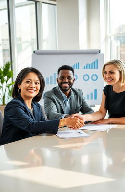 A group of professional business people engaged in a successful negotiation meeting