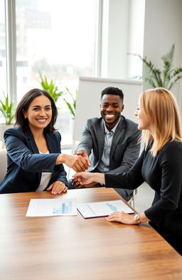 A group of professional business people engaged in a successful negotiation meeting