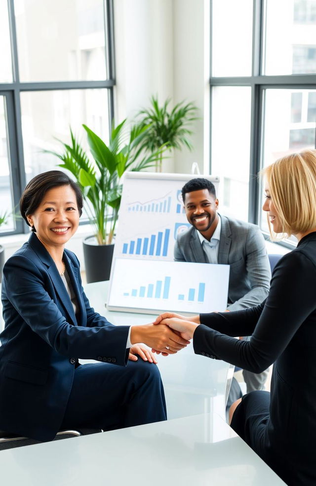 A group of professional business people engaged in a successful negotiation meeting