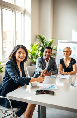 A group of professional business people engaged in a successful negotiation meeting