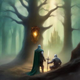 A high-quality digital art piece for a book cover titled 'The Mage and the Knight'