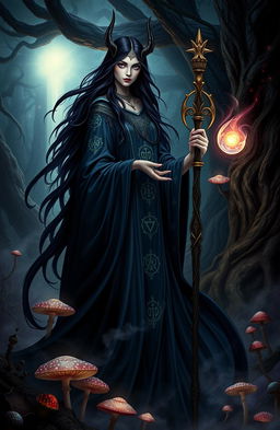 A stunning depiction of Sephtis, the Goddess of Witchcraft, portrayed as a tall, ethereal figure with flowing dark robes adorned with arcane symbols
