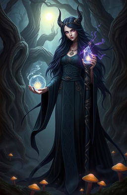 A stunning depiction of Sephtis, the Goddess of Witchcraft, portrayed as a tall, ethereal figure with flowing dark robes adorned with arcane symbols
