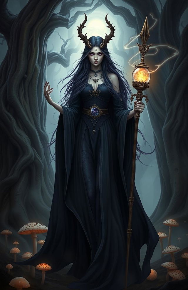 A stunning depiction of Sephtis, the Goddess of Witchcraft, portrayed as a tall, ethereal figure with flowing dark robes adorned with arcane symbols