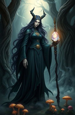 A stunning depiction of Sephtis, the Goddess of Witchcraft, portrayed as a tall, ethereal figure with flowing dark robes adorned with arcane symbols