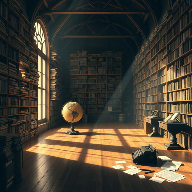 An artistic concept of archives, featuring an expansive, dimly lit library room filled with towering shelves stacked with ancient scrolls, leather-bound books, and digital tablets