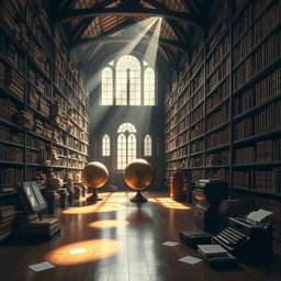An artistic concept of archives, featuring an expansive, dimly lit library room filled with towering shelves stacked with ancient scrolls, leather-bound books, and digital tablets