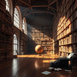 An artistic concept of archives, featuring an expansive, dimly lit library room filled with towering shelves stacked with ancient scrolls, leather-bound books, and digital tablets