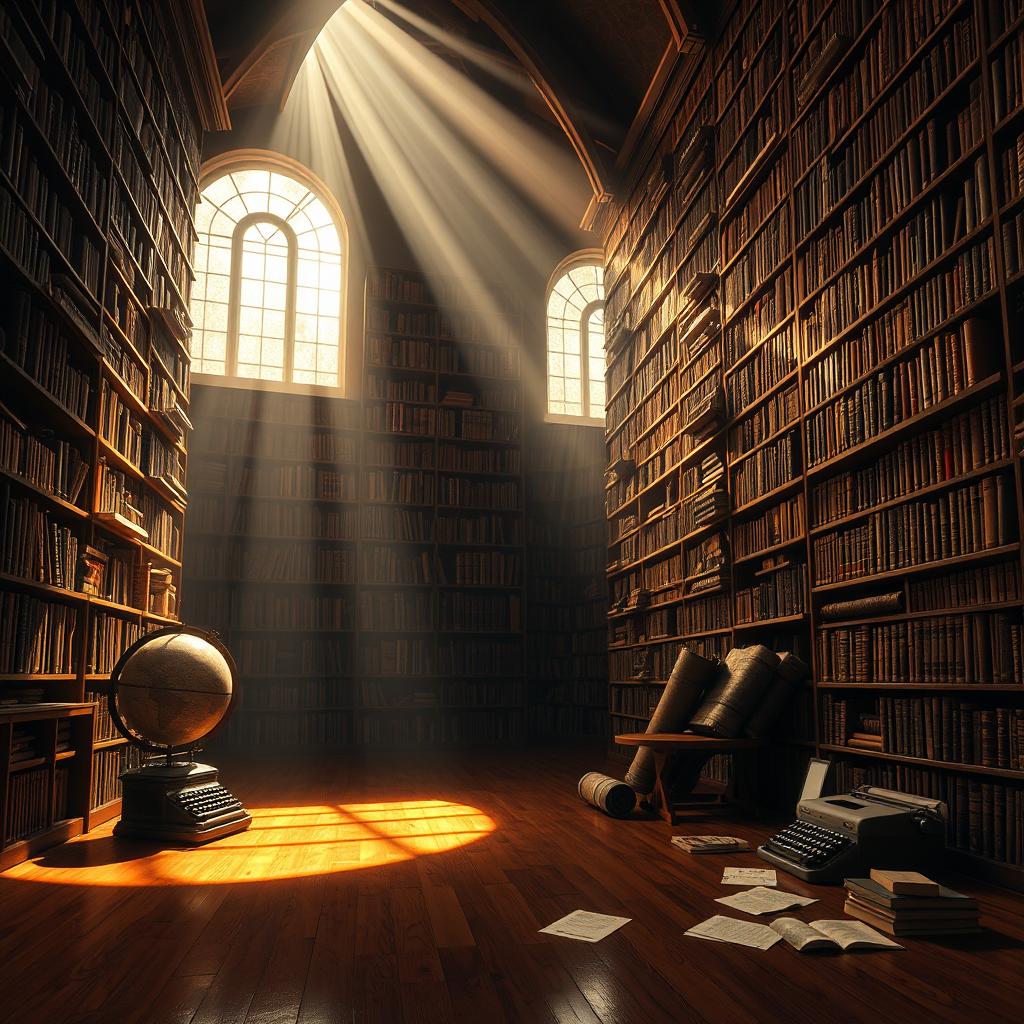 An artistic concept of archives, featuring an expansive, dimly lit library room filled with towering shelves stacked with ancient scrolls, leather-bound books, and digital tablets