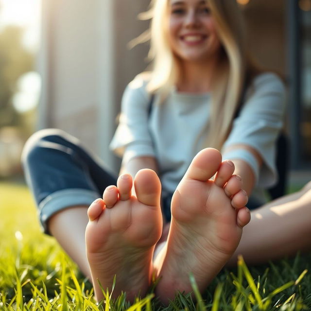 A close-up view of a high school blonde girl sitting in a casual environment