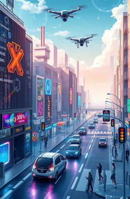A futuristic scene depicting a bustling smart city filled with interconnected devices and technology
