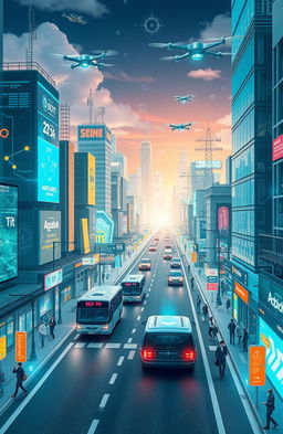 A futuristic scene depicting a bustling smart city filled with interconnected devices and technology