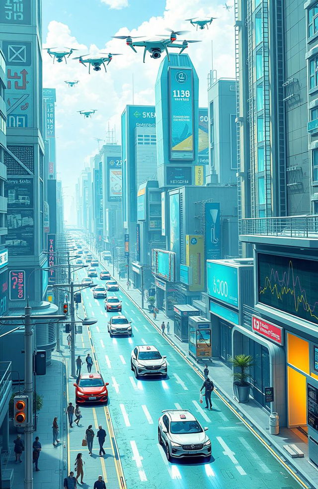 A futuristic scene depicting a bustling smart city filled with interconnected devices and technology