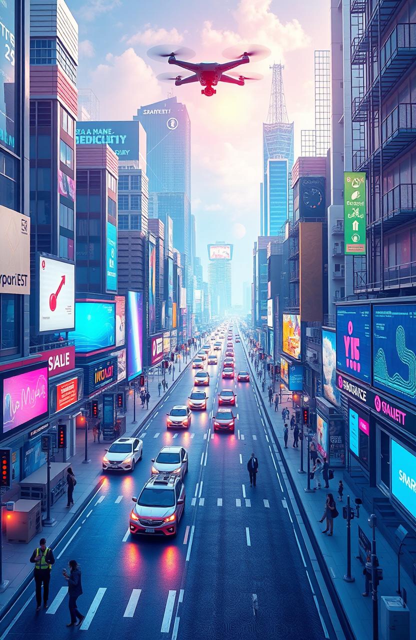 A futuristic scene depicting a bustling smart city filled with interconnected devices and technology