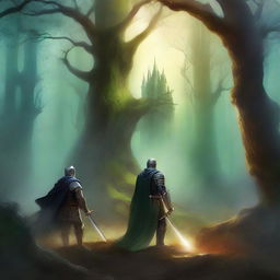 A high-quality digital art piece for a book cover titled 'The Mage and the Knight'