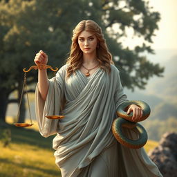 A stunning depiction of Themis, the Greek goddess of justice, gracefully holding a set of balanced scales in one hand, with a serpent coiling around her other arm