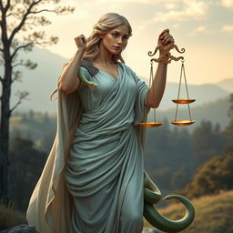 A stunning depiction of Themis, the Greek goddess of justice, gracefully holding a set of balanced scales in one hand, with a serpent coiling around her other arm