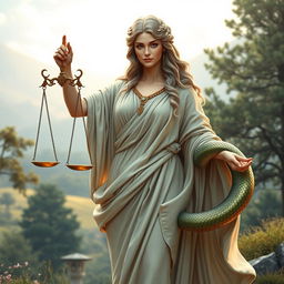 A stunning depiction of Themis, the Greek goddess of justice, gracefully holding a set of balanced scales in one hand, with a serpent coiling around her other arm