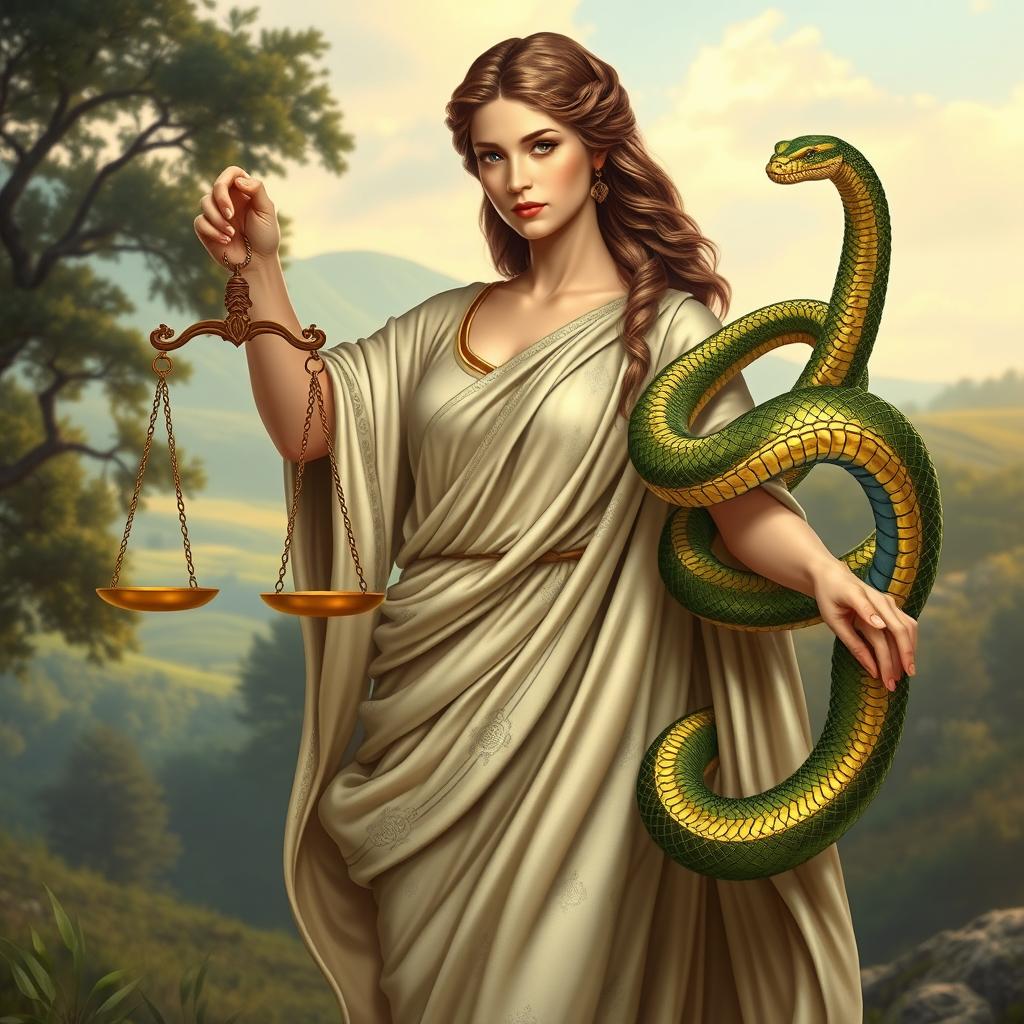 A stunning depiction of Themis, the Greek goddess of justice, gracefully holding a set of balanced scales in one hand, with a serpent coiling around her other arm