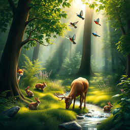 A serene forest scene filled with lush greenery and a variety of animals
