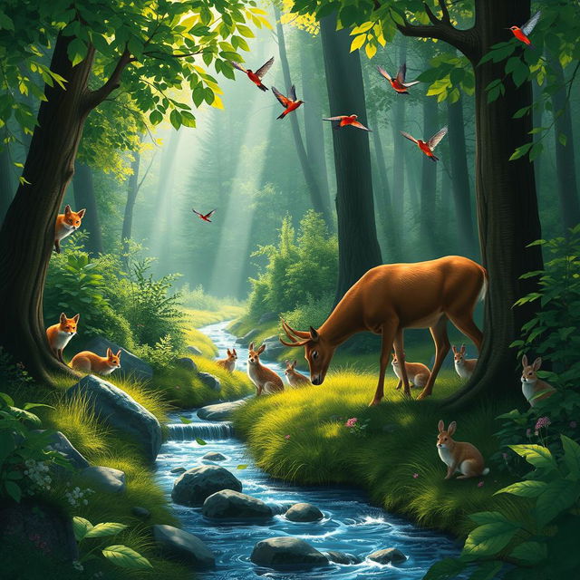 A serene forest scene filled with lush greenery and a variety of animals