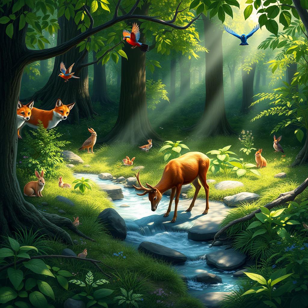 A serene forest scene filled with lush greenery and a variety of animals