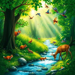 A serene forest scene filled with lush greenery and a variety of animals