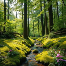 A serene forest scene with tall trees, lush green foliage, and dappled sunlight filtering through the leaves