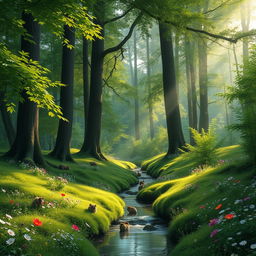 A serene forest scene with tall trees, lush green foliage, and dappled sunlight filtering through the leaves