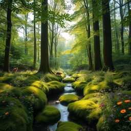 A serene forest scene with tall trees, lush green foliage, and dappled sunlight filtering through the leaves