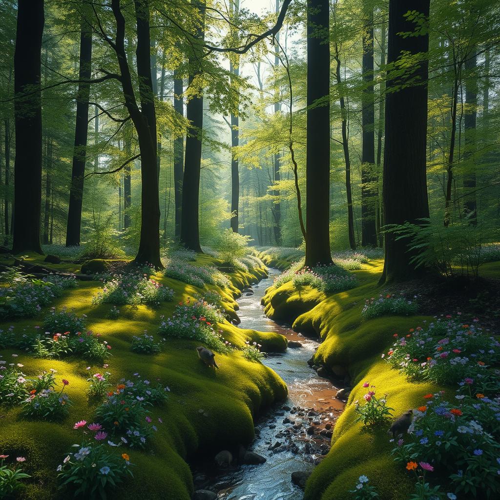 A serene forest scene with tall trees, lush green foliage, and dappled sunlight filtering through the leaves