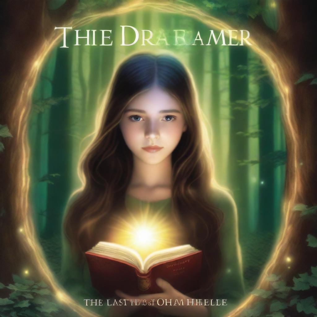 A high-definition artistic image featuring a girl with long brown hair in a forest, holding a book and surrounded by a glowing ring of light