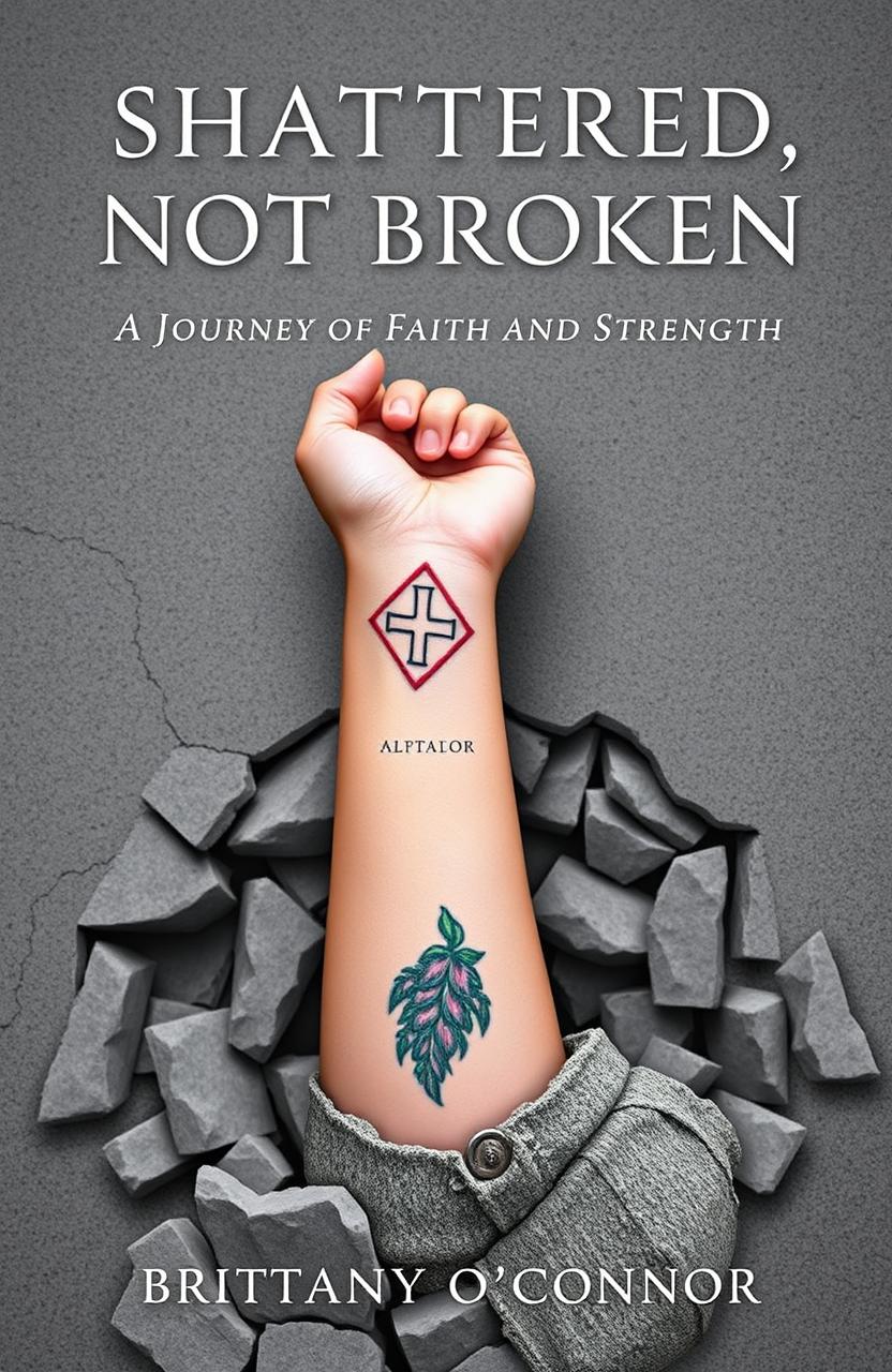 A woman's left forearm emerging from a shattered concrete foundation
