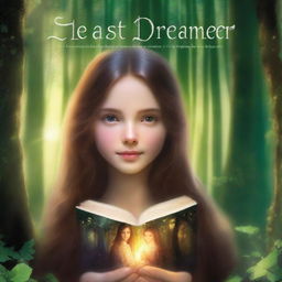 A high-definition artistic image featuring a girl with long brown hair in a forest, holding a book and surrounded by a glowing ring of light