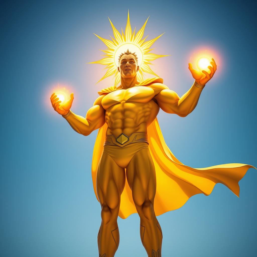 A superhero character personifying the sun, with a radiant sun motif on his head, bright and vibrant, casting a warm golden glow