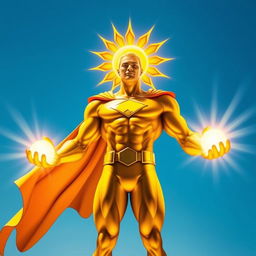 A superhero character personifying the sun, with a radiant sun motif on his head, bright and vibrant, casting a warm golden glow