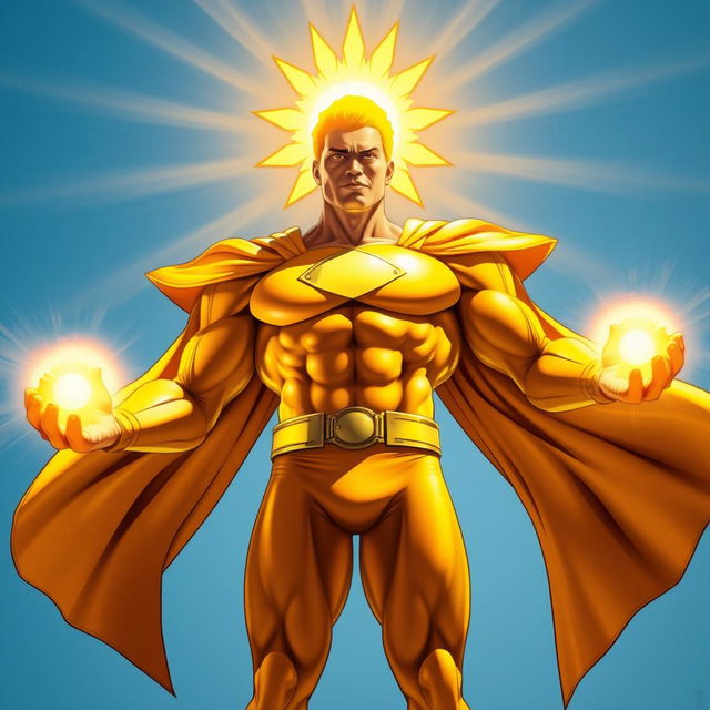 A superhero character personifying the sun, with a radiant sun motif on his head, bright and vibrant, casting a warm golden glow