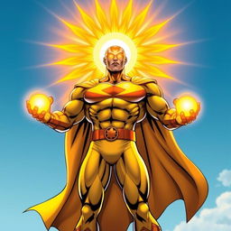 A superhero character personifying the sun, with a radiant sun motif on his head, bright and vibrant, casting a warm golden glow