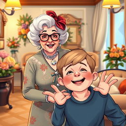 An illustration set in a retirement home featuring an elderly woman dressed as Dalida, adorned in a glamorous vintage costume with iconic hairstyle and accessories