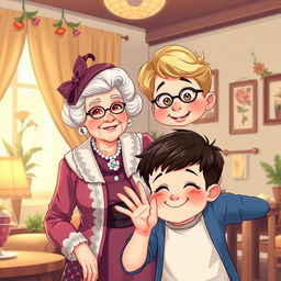 An illustration set in a retirement home featuring an elderly woman dressed as Dalida, adorned in a glamorous vintage costume with iconic hairstyle and accessories