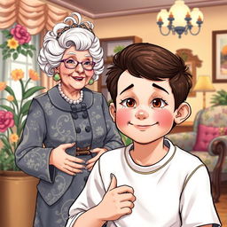 An illustration set in a retirement home featuring an elderly woman dressed as Dalida, adorned in a glamorous vintage costume with iconic hairstyle and accessories
