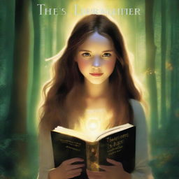 A high-definition artistic image featuring a girl with long brown hair in a forest, holding a book and surrounded by a glowing ring of light