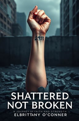 A dramatic and symbolic image of a woman's left forearm emerging from a shattered concrete foundation