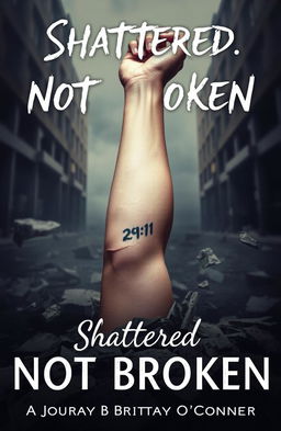 A dramatic and symbolic image of a woman's left forearm emerging from a shattered concrete foundation