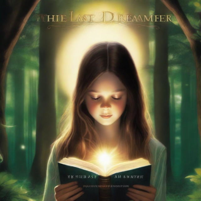 A high-definition artistic image featuring a girl with long brown hair in a forest, holding a book and surrounded by a glowing ring of light